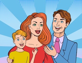 comic book style family says a speech. pop art style mother, father and son briskly communicate