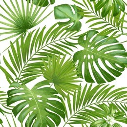 exotic leaves, rainforest. seamless realistic tropic leaf pattern. vector background.