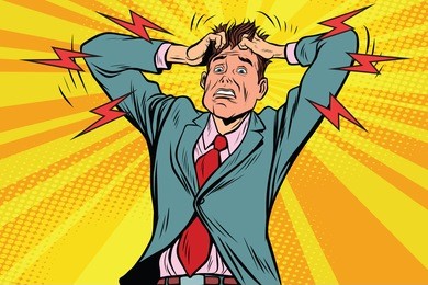 businessman panic head hand, illness and medicine. pop art retro vector illustration