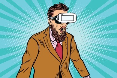 shocked hipsters in vr glasses. virtual reality gadget. pop art retro vector illustration