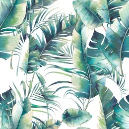 summer palm tree and banana leaves seamless pattern. watercolor texture with green branches on white background. hand drawn tropical wallpaper design