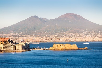 naples, vesuvius volcano and castel dell'ovo from posillipo