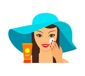 young beautiful woman puts on face sunscreen. the concept of beauty and health. flat vector illustration isolated on white background