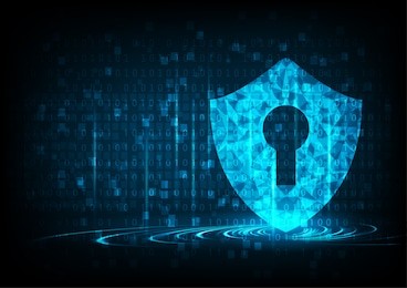 cyber security concept: shield with keyhole icon on digital data background. illustrates cyber data security or information privacy idea. blue abstract hi speed internet technology.