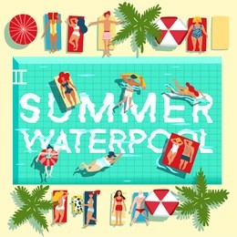 summer vacation tropical resort swimming pool top view flat poster with swimming and sunbathing people vector illustration 