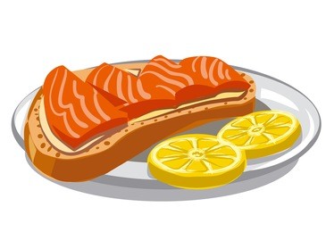 illustration of sandwich with sliced salmon and butter on plate