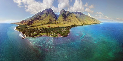 island of maui - aerial panorama - showing beautiful sky, mountains, and ocean reef