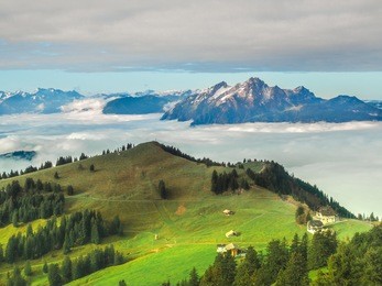 rigi kulm on the switzerland. queen of mountain. foggy mountain and sea of mist.