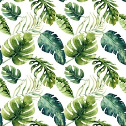 seamless watercolor pattern of tropical leaves, dense jungle. hand painted palm leaf. texture with tropic summertime  may be used as background, wrapping paper, textile or wallpaper design.