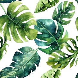 seamless watercolor pattern of tropical leaves, dense jungle. hand painted palm leaf. texture with tropic summertime  may be used as background, wrapping paper, textile or wallpaper design.