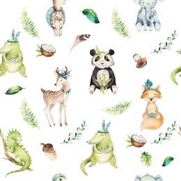 baby animals nursery isolated seamless pattern. watercolor boho tropical drawing, child tropical drawing, panda, cute crocodile, tropic elephant, green iguana , fox, deer and turtle illustration