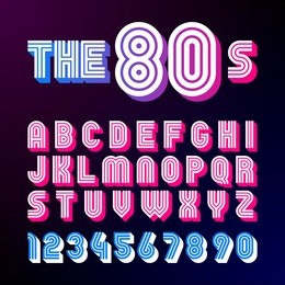 eighties style retro font. 80's font design with shadow, disco style, alphabet and numbers vector illustration