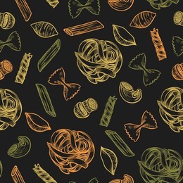  italian pasta hand drawn sketch. different kinds of pasta.  vector seamless pattern.  vintage style
