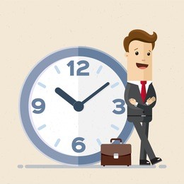 happy businessman stand leaning to big clock. concept of time management.  vector, illustration, flat.