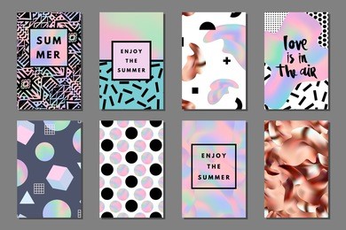 creative bright summer journaling cards. retro memphis holographic and copper posters with geometric shapes. hello, enjoy typography. vector minimal design for banner, cover, flyer, brochure