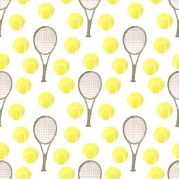 seamless pattern of tennis balls and tennis rackets, isolated on white background.