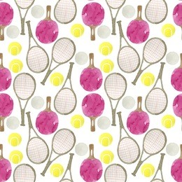 seamless pattern of tennis and ping pong  balls, ping pong and tennis rackets, isolated on white background.