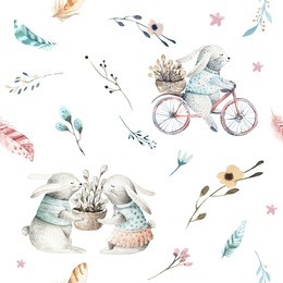 cute baby rabbit animal seamless pattern, forest illustration for children clothing. woodland watercolor hand drawn boho image for cases design, nursery posters, postcards