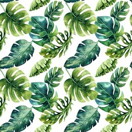 seamless watercolor pattern of tropical leaves, dense jungle. hand painted palm leaf. texture with tropic summertime  may be used as background, wrapping paper, textile or wallpaper design.