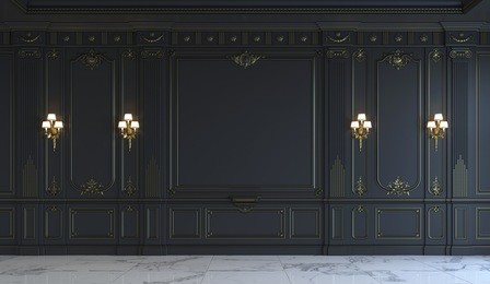 black wall panels in classical style with gilding and sconces. 3d rendering