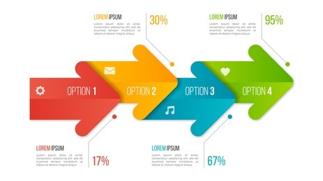 timeline chart infographic template with arrows. 4 options, steps, parts, processes. vector illustration.