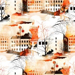 watercolor, ink, digital. city architectural sketch. spring, trees, houses. seamless pattern for textiles, fabrics, souvenirs, packaging and greeting cards. 