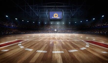 professional basketball court arena in lights with fans 3d rendering
