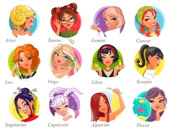 set of horoscope signs as women. zodiac for girls.  vector illustration of astrological signs as a beautiful woman.  horoscope, fashion, glamour. twelve colorful icons.