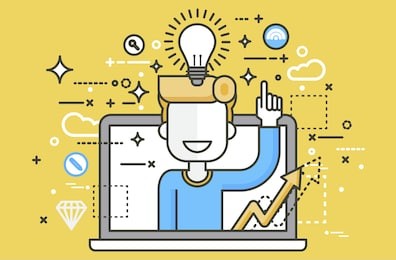 stock vector illustration man with idea lamp light bulb above head and index finger up design element for solution service business online help presentation startup linear style yellow background icon