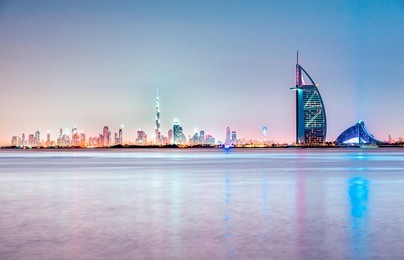 dubai skyline at dusk, uae.