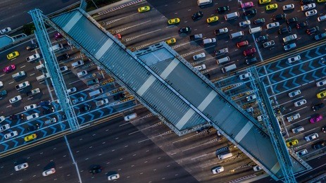 aerial view gate for expressway fee payment in bangkok, thailand.