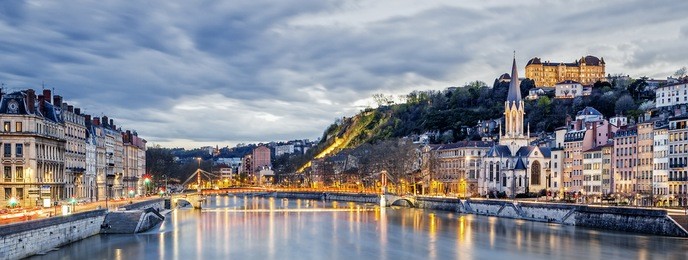 saone river in lyon city at evening,  france