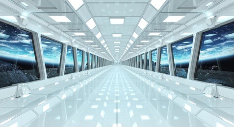 spaceship white corridor with view on space and planet earth 3d rendering elements of this image furnished by nasa