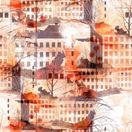 watercolor, ink, digital. city architectural sketch. spring, trees, houses. seamless pattern for textiles, fabrics, souvenirs, packaging and greeting cards. 