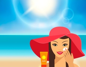 young beautiful woman puts on face sunscreen. the concept of beauty and health. flat vector illustration isolated on white background
