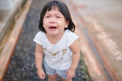 crying little girl on street.little asian girl fall on street and crying.