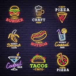 food and drink neon sign. neon sign, bright signboard, light banner. 