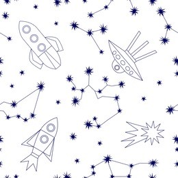 cosmic travel. seamless vector pattern with constellations, space ships and stars. 1950s-1960s motifs. retro textile collection. blue in white.
