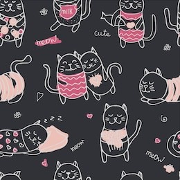 seamless pattern with cute cartoon hand drawn cats on black background. sweet heart and love theme