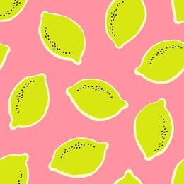 hand drawn seamless pattern with lemons in yellow, black and cream on pink background.
