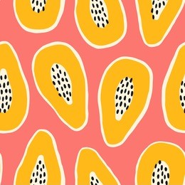 hand drawn seamless patten with papayas in orange, cream and black on pink background.