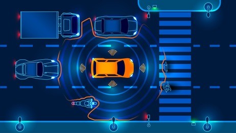 autonomous smart car scans the road operates the machine automatically stops at the crosswalk in the city. vector illustration.
