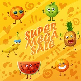 bright orange background with crazy funny fruit characters. cheerful food emoji present super sale banner. cartoon vector illustration: green apple, banana, cheerful orange, fool watermelon, pineapple