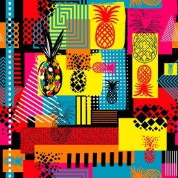 exotic summer endless backgrounds, abstract  creative trendy colorful seamless pattern with pineapples urban geometric seamless pattern. squares, stripes, lines. hand drawn artistic texture. pop-art.