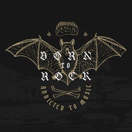 vintage grunge bat rock music print with fire and bones