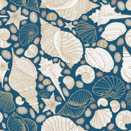 seashell seamless pattern. summer holiday marine background. underwater ornamental textured sketching wallpaper with sea shells, sea star and sand.
