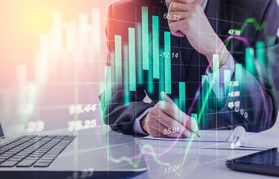 double exposure businessman and stock market or forex graph suitable for financial investment concept. economy trends background for business idea and all art work design.
