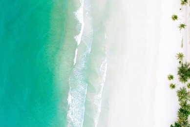 top view of beautiful white sand beach with turquoise sea water and palm trees, aerial drone shot