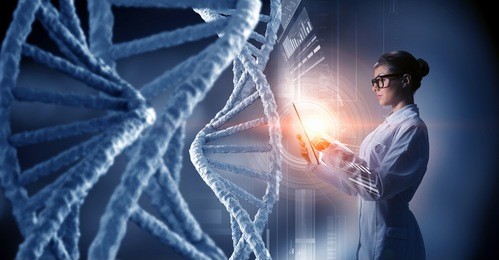 scientist woman using tablet pc. mixed media