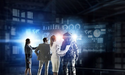 scientists designing space suit. mixed media